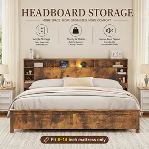 【Headboard Storage】FANSACE Dark Brown Full/Queen/King Size Wooden Bed Frame with Storage Headboard, Charging Hub, LED Lights, Multi-Level Wooden Slats, Noise-Free, No Box Spring Needed (Bed Frames for Full/Queen/King)
