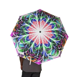 Green & Purple Mandala Neon-Flower Pattern Umbrella | Semi-Automatic