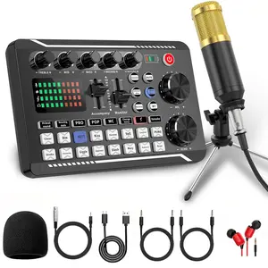 Professional F998 Live Sound Card, Podcast Equipment with Adjustable Tripod Stand, 16 Voice Effects, Noise Reduction, Wired Mic Interface