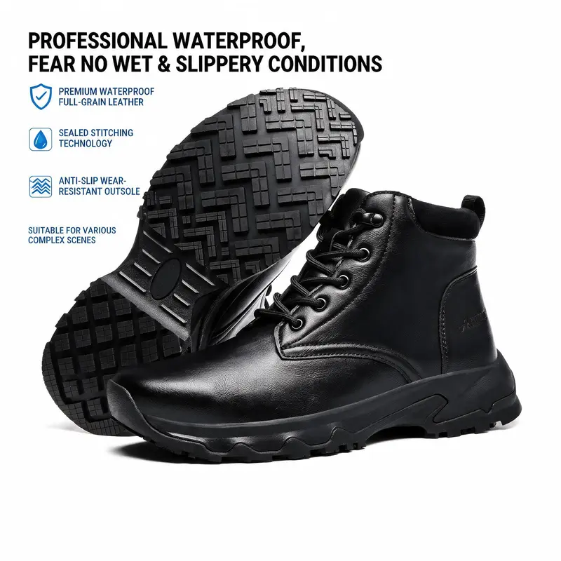 2026 New Waterproof Non Slip Leather Work Boots for Men Ankle Style Slip Resistant Shoes for Chef Kitchen Restaurant Food Service Outdoor Fashion Footwear
