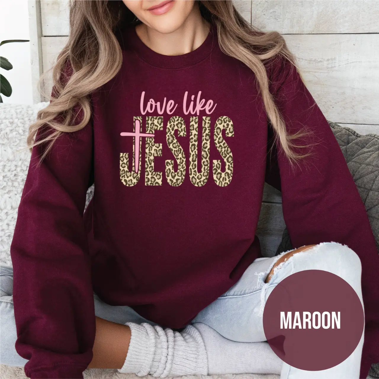 Women's Christian Sweatshirt, Leopard Cheetah Graphic Crewneck, WWJD Faith Graphic Pullover, Trendy Religious Streetwear, Cute Christian Apparel, Faith-Based Gift for Women