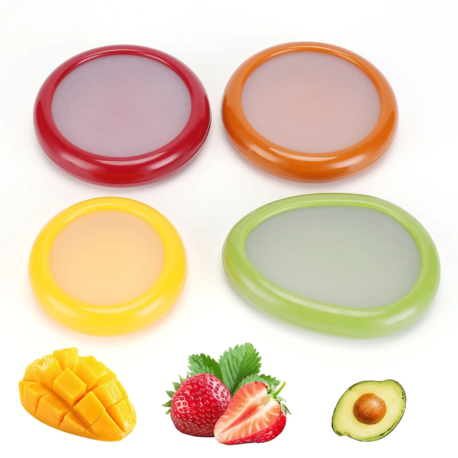 4-Piece Reusable Avocado Saver Set with Airtight Seal Lids, Plastic-Silicone Round Pods for Onion & Tomato Storage, Kitchen Preserving Container Utensil, Lid
