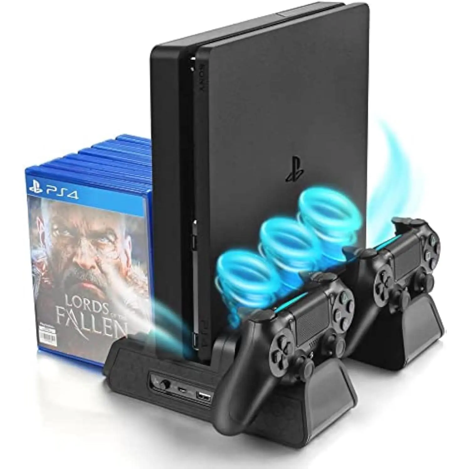 Vertical Stand for PS4/PS4 Slim/PS4 Pro - Cooling Fan with PS4 Charger Controller  Station with  Storage (Black)