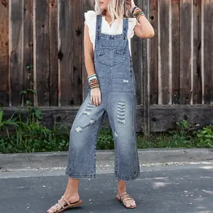Stone Blue Distressed Bib Pocket Wide Leg Denim Overall