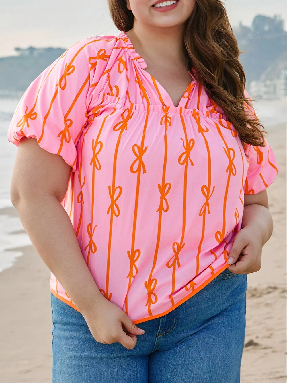 100% Cotton Rose Bowknot Print Plus Size Blouse for Women Sexy V Neck Shirred Waist Puff Short Sleeve Summer Floral Tunic Top Shirt