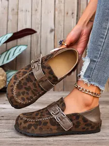 Women's Fashion Leopard Print Round Toe Slip-On Shoes, Comfortable and Stylish, Velcro Design for Easy Wear, Versatile Two-In-One Shoe
