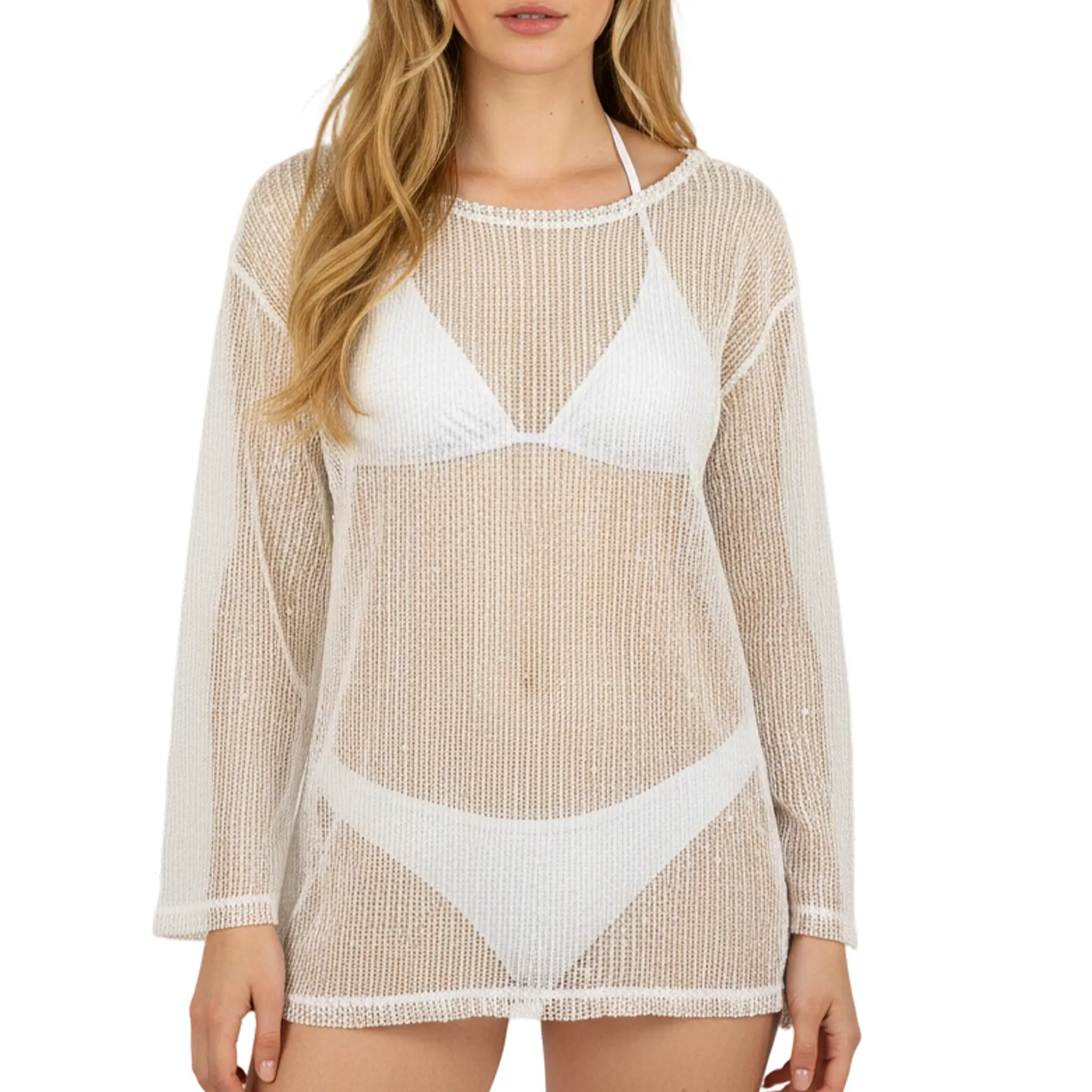 Women's Sequin Cover Up Dress Long Sleeve Glitter Mesh Beach Swimsuit Coverup Party Mini Dress