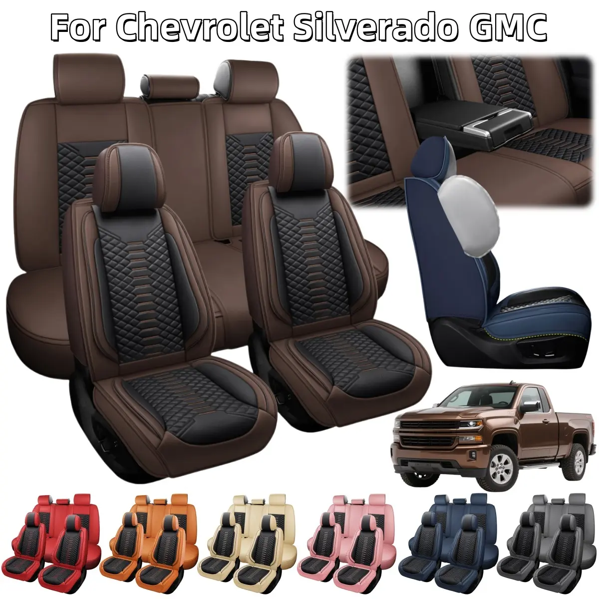 For Chevrolet Silverado GMC Sierra 1500/2500 HD/3500 HD Pickup Truck 2007-2025 Car Seat Covers, Soft Touch Premium Napa PU Leather Full Set Front Rear Seat Cushion Full Surround Design with Storage Bag, Breathable Non-Slip Waterproof Protector Pad Mat, Ca