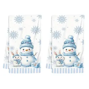 Christmas Kitchen Towel Set, Blue Snowman Design, 40x60cm, Winter Decorative Hand Towels, Super Soft High Absorbency, Perfect Gift