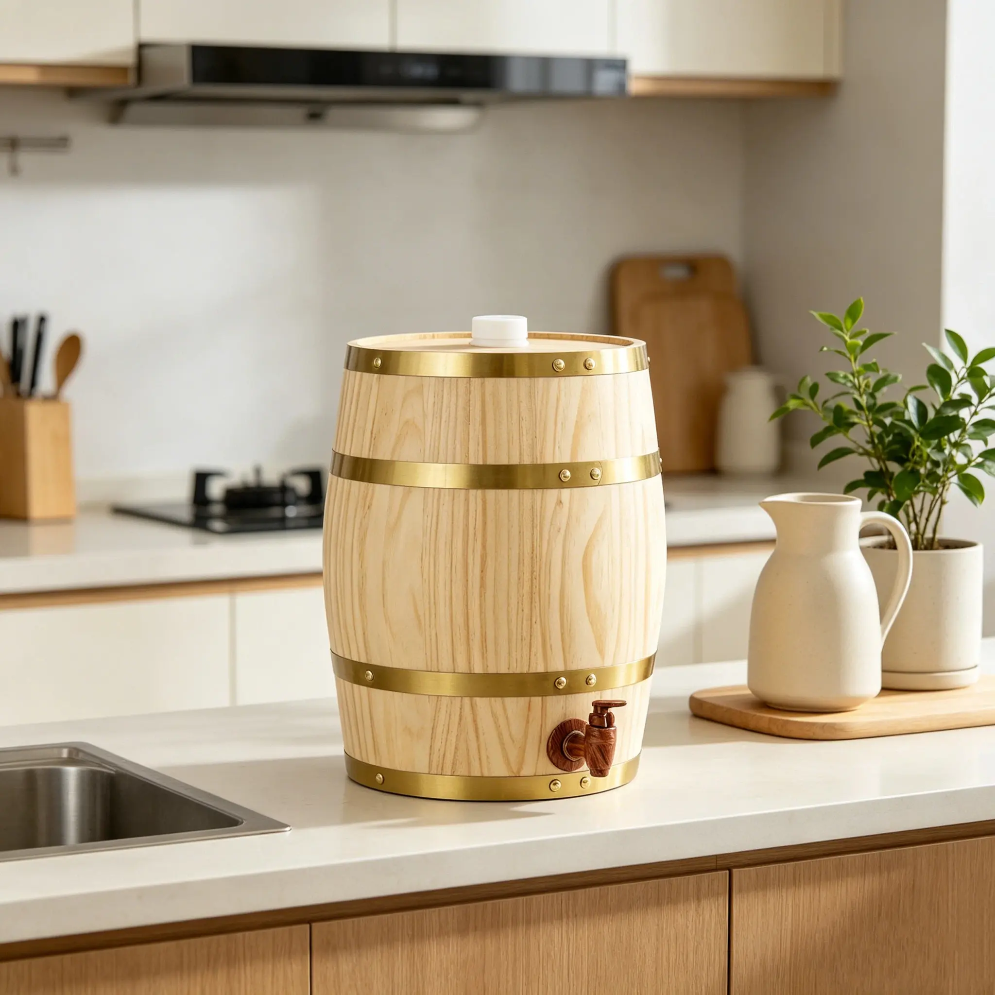 CNCEST 2.6 Gallon Premium Pine Wood Barrel for Beverage Aging & Serving Vintage Style with Metal Hoops, Venting Design, and Dispensing Faucet Ideal for Home, Bar, or Party Use"