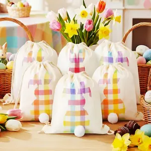 6 Pack Large Bunny Drawstring Backpack Bags 9.8 x 11.8 Inch Colorful Bunny Gift Bags Bulk Reusable Canvas Goodie Treat Candy Pouches for Favor Gift