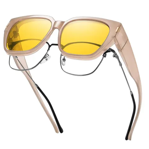 HAOLOTA Fit-Over Glasses - Rectangular Polarized Full Rim Sunglasses, Anti-Glare Yellow HD Tac Lenses, Plastic Fashionable Frames, Unisex Cool Night Time Reading Eyewear