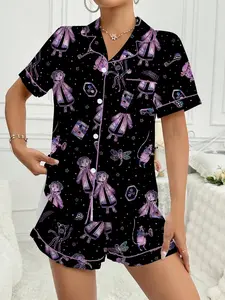 Girl Print Collared Shirt and Pajama Set, Two-Piece Sleepwear, Casual Fitted Halloween Style, All-Season Home Wear