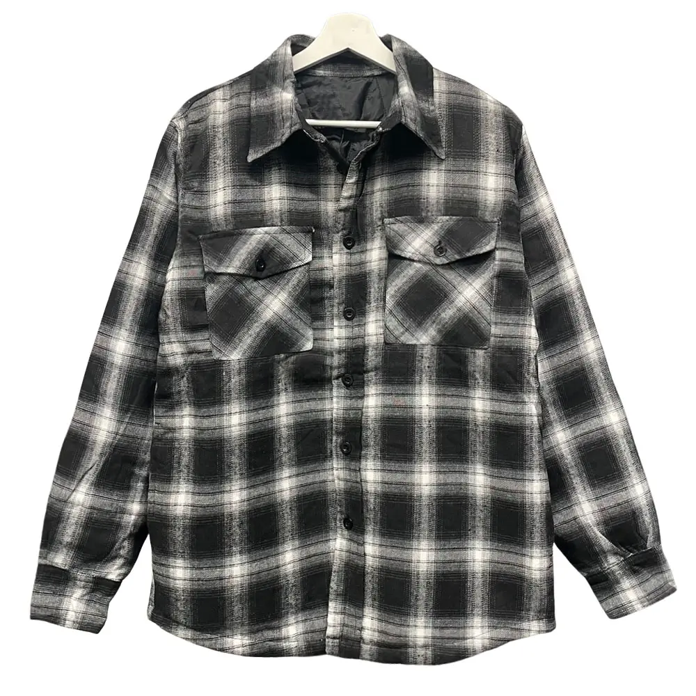 Men's Quilted Lining Button Up Relaxed Fit Plaid Flannel Jacket with Side Pockets