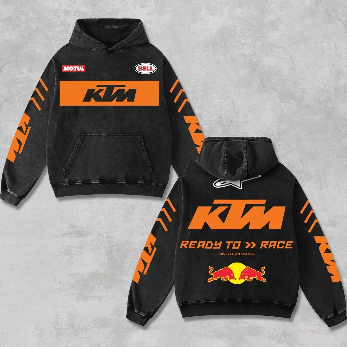 Retro Redbull x KTM Factory Racing Hoodie Acid Washed, Motor World Championship Enthusiast, Motorcycle Off-Road Dirt Bike Graphic Streetwear, Heavyweight Biker Sweatshirt, Retro Moto Gear Motorbike Apparel Men’s Grunge Y2K Racing Jacket Style