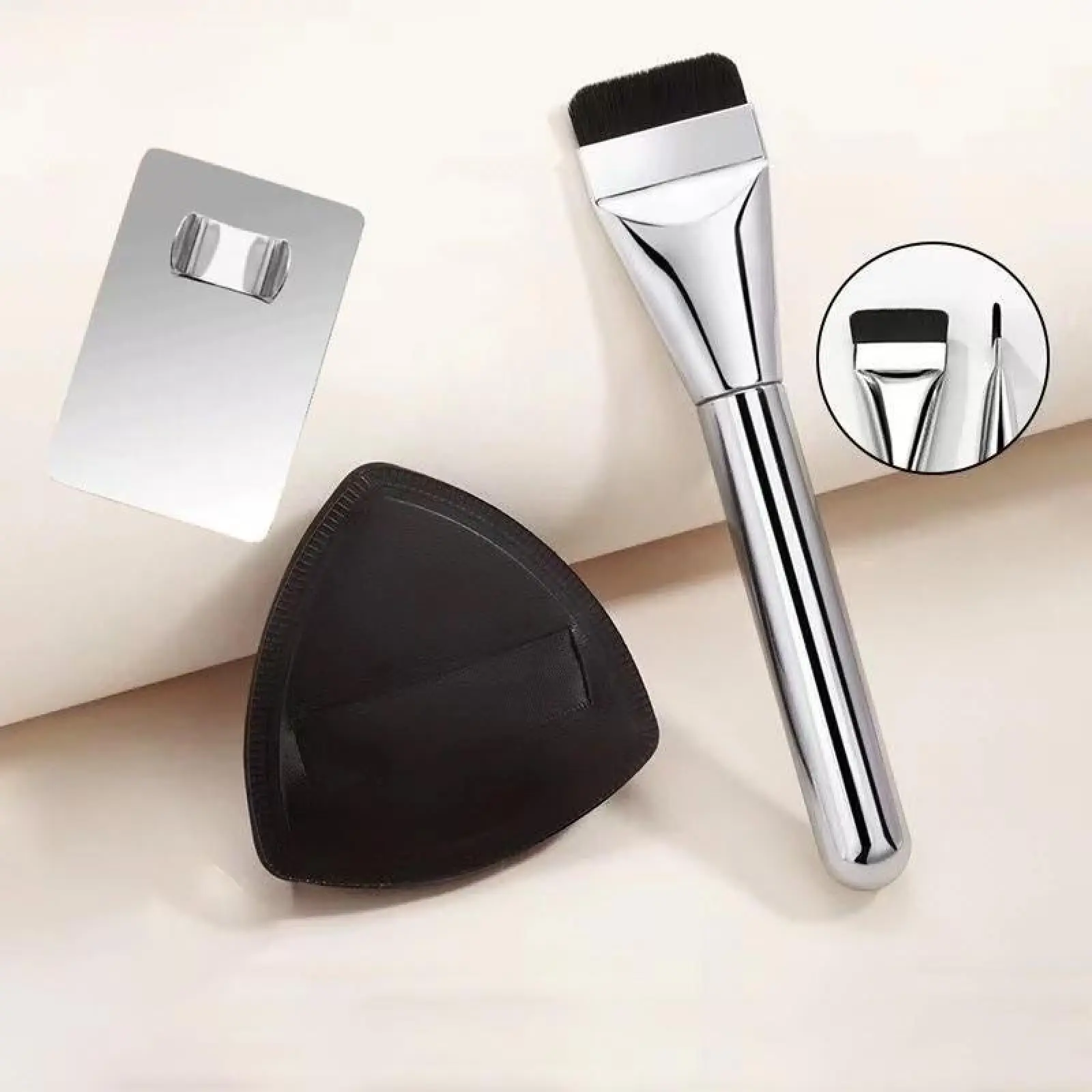2-in-1 Ultra Thin Foundation Makeup Brush & Black Air Cushion Sponge Set Professional Flat Powder Brush for Flawless Finish