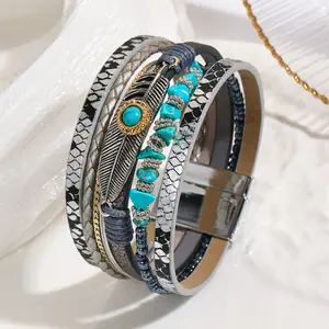 Bohemian Style Bracelet for Women, Matching Gravel and Feather Leather, Vintage Feather Turquoise Magnetic Clasp Bracelet