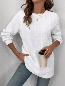 Women's Plain Basic Cable Knit Crew Neck Pullover Sweater, Casual Long Sleeve Jumper for Fall & Winter, Fashion Ladies' Clothes for Daily Wear, Tops, Sweatshirts, Knitwear, Womenswear