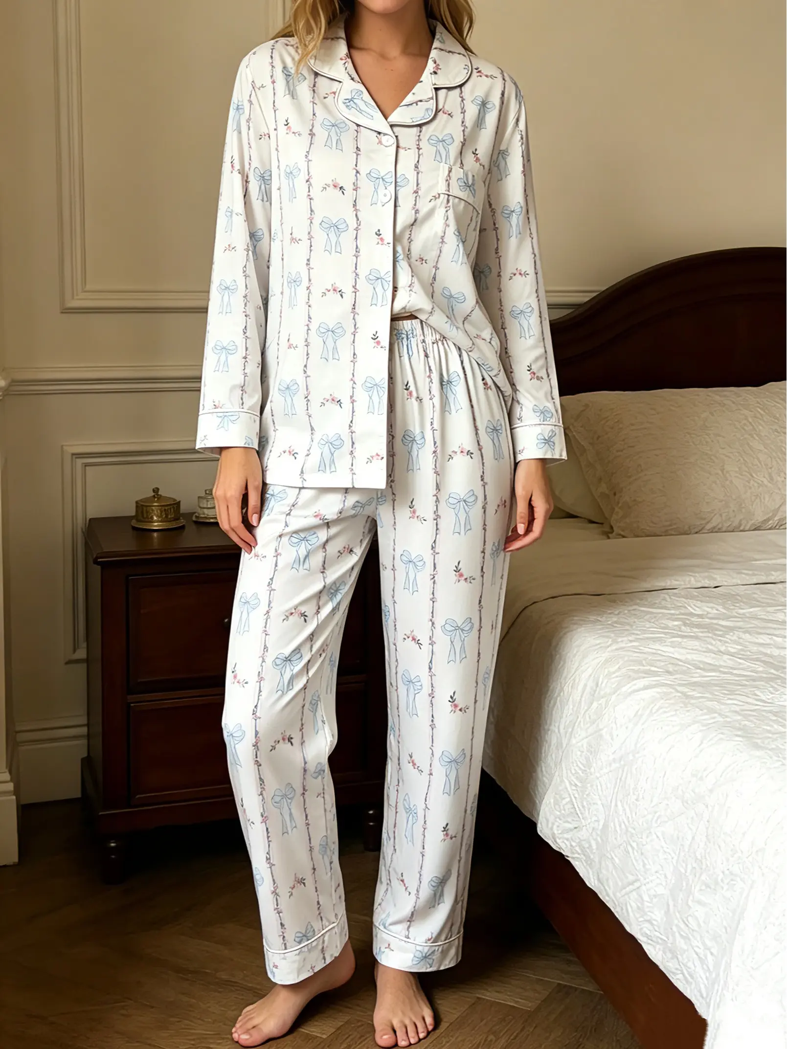 Women's 2-Piece Stretchy Soft Longsleeve Pajama Set - White, Blue Bow & Floral Print, Comfy Loungewear, Ideal for Valentine's Gift & Bridal PJ Party Nightwear, Longsleeves
