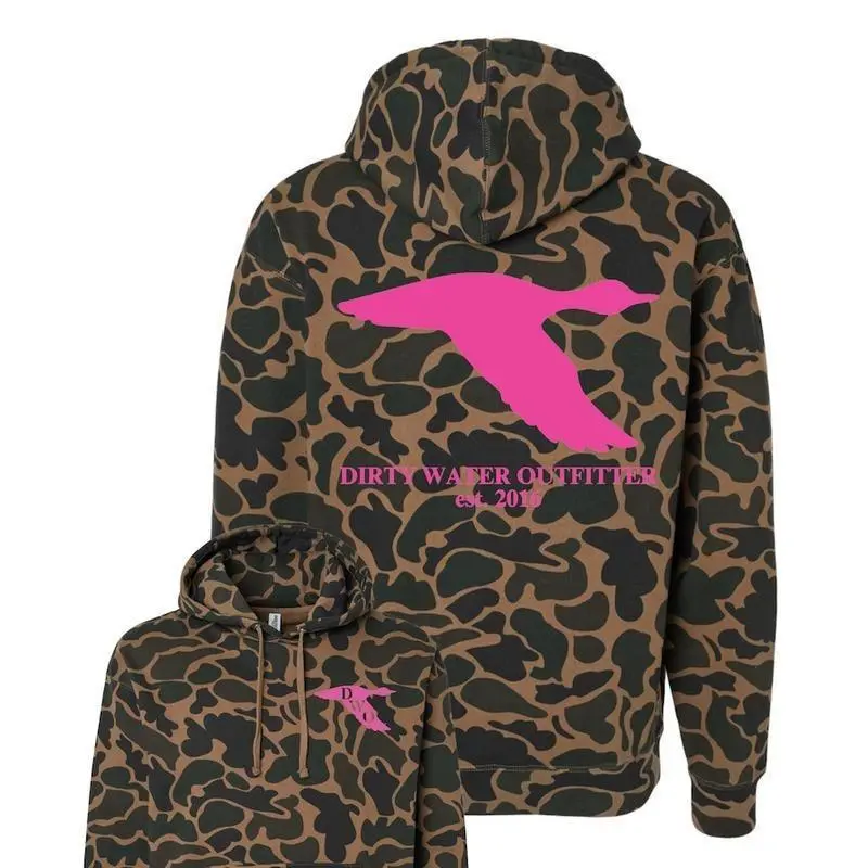 DWO Neon Old School Camo Hoodie, Duck Camo Logo Pullover, Heavyweight Streetwear for Men and Women, Hunting Gift
