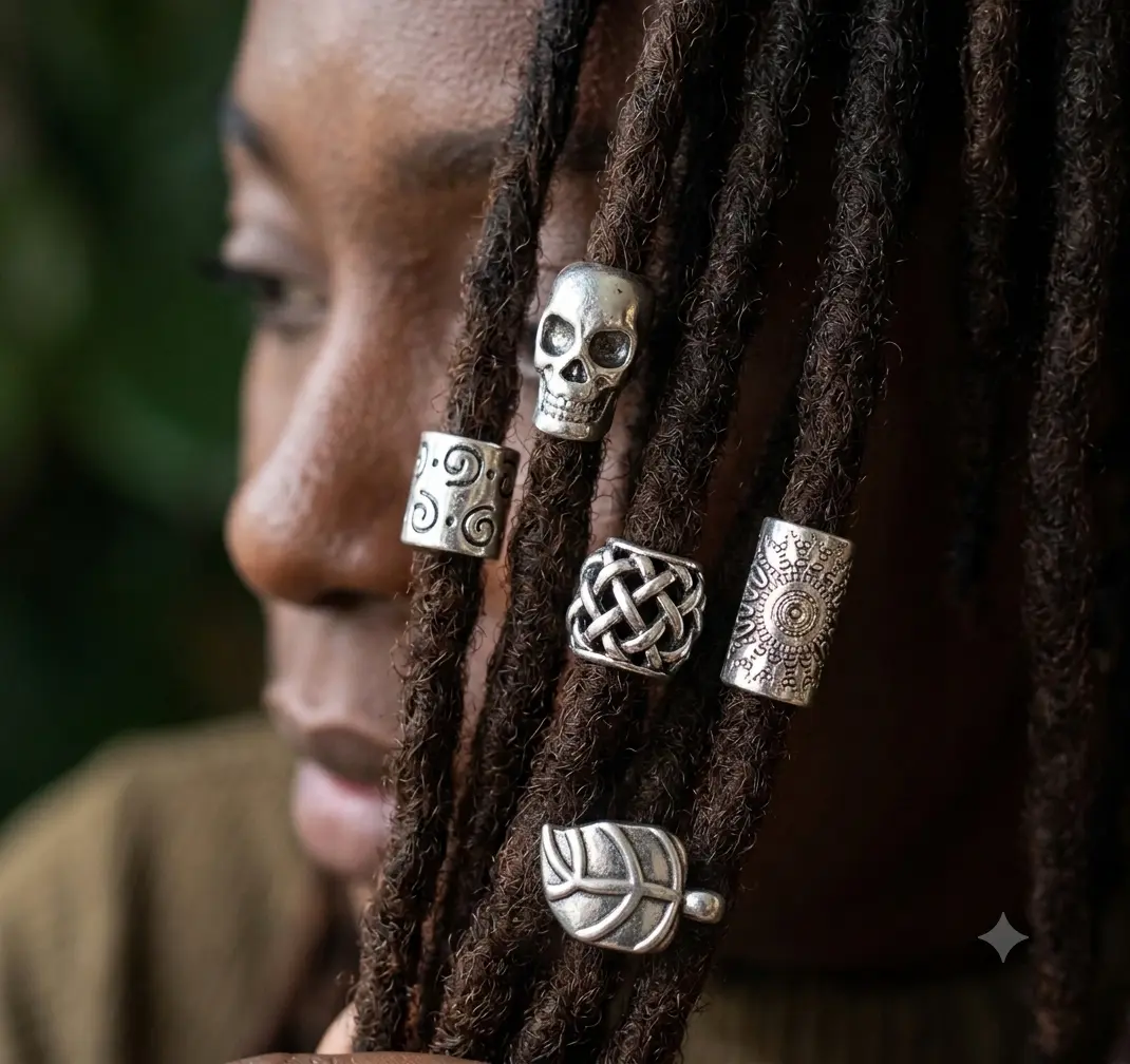 19 Piece Mix Design Tibetan Silver Style Medium Dreadlock Hair Beads 5mm Hole Size for Comfortable Fit and Unique Look Beaded Edge
