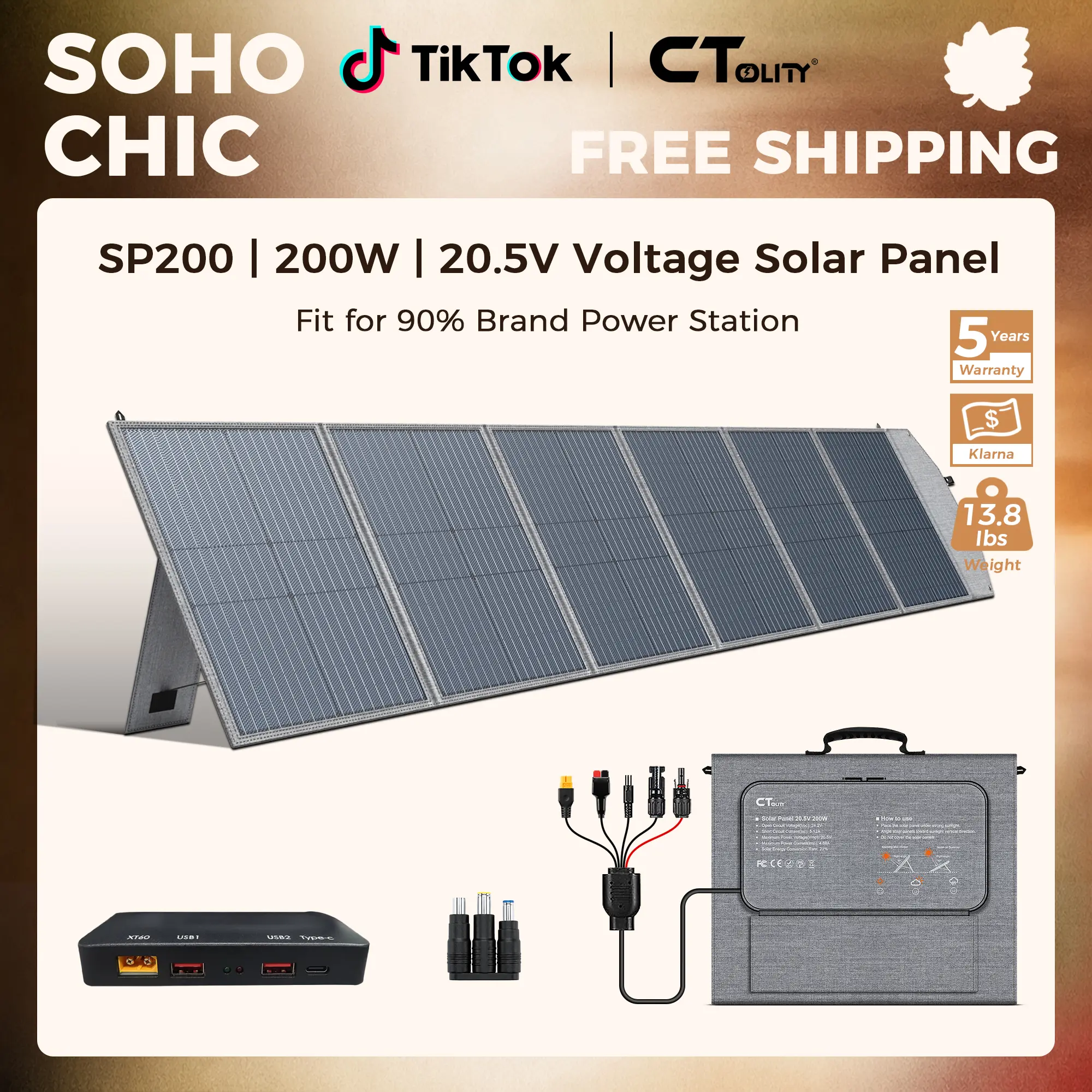 [SohoChic] CTOLITY SP200 Foldable 200W Solar Panel - 20.5V High-Efficiency, 45W Fast Charge USB Output, MC4 Connectors - Waterproof, Compact, Durable Solar Powered for Outdoor RV Power Station, Emergency Survival - TiktokShopStockup