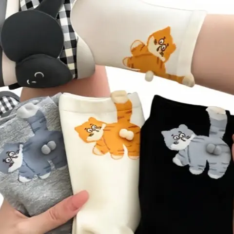 3 pairs of women's mid-calf socks featuring quirky and playful cat designs, adorable cartoon patterns, soft and comfortable, Fitted Casual Socks, perfect for casual wear Sock Set Sock Packs