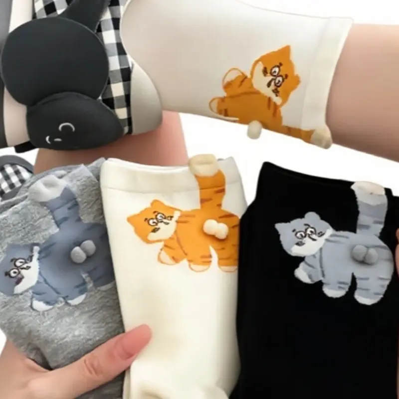 3 pairs of women's mid-calf socks featuring quirky and playful cat designs, adorable cartoon patterns, soft and comfortable, Fitted Casual Socks, perfect for casual wear Sock Set Sock Packs