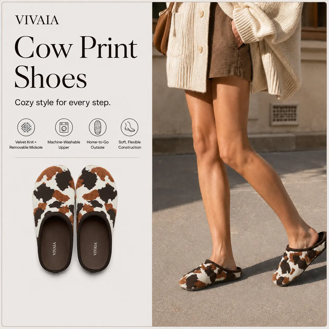 VIVAIA Women’s Cow Print Slip-On Mules, Round-Toe Machine-Washable Velvet Knit Flats with Removable Cushioned Insole for Home-to-Go, Fall Shoes (Buna)