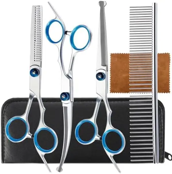 5 in 1 Premium Dog Grooming Scissors, Professional Dog Scissors for Grooming with Safety Round Tips,Stainless Steel Thinning Shears, Pet Cat Shears for Grooming Kit