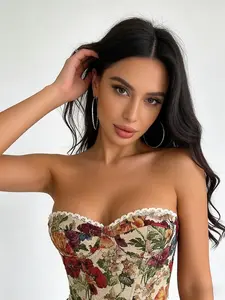 Women's Vintage Floral Print Corset Top, Strapless Sweetheart Lace Trim Bustier Tube Top, Lace Up Adjustable Fitted Shapewear Bandeau Crop Top for Daily Casual All Seasons Wear，bandeau tops