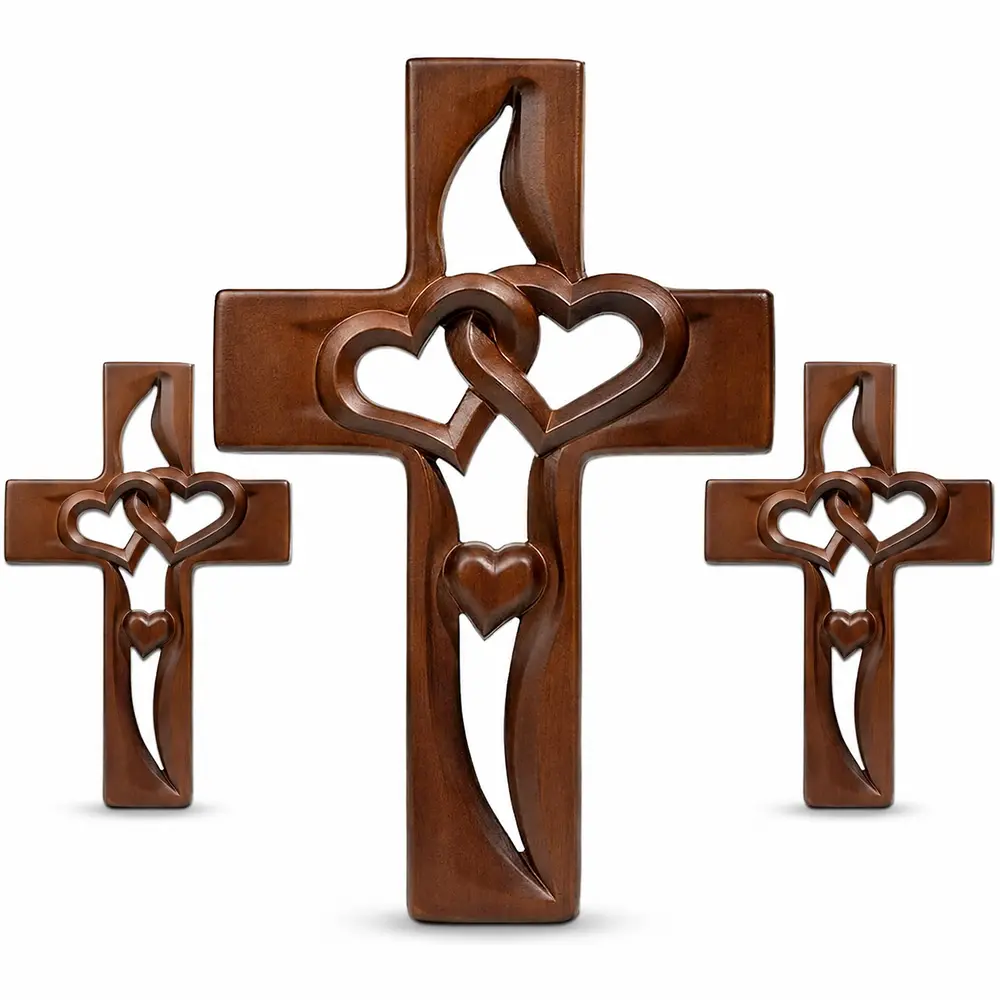 Hand Carved Wooden Cross with Interlocking Hearts - Lightweight Traditional Christianity Religious Wall Art, Mountable Hanging Home Decor, Meaningful Christian Anniversary Gift for Couples, Halloween, Easter