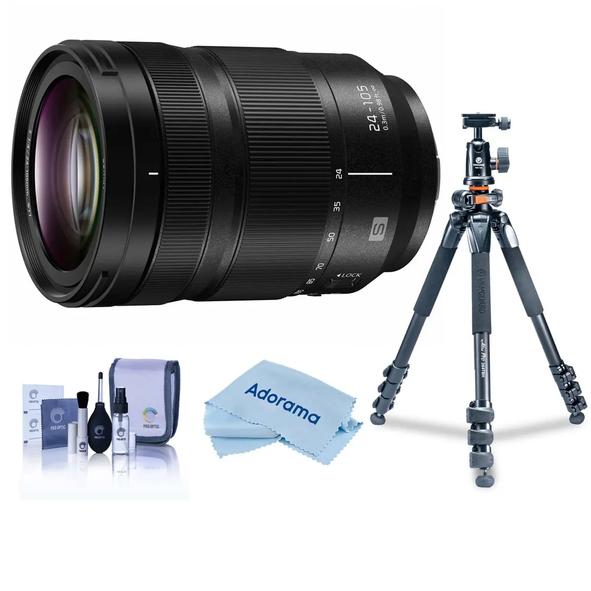 Panasonic LUMIX S 24-105mm f/4 O.I.S. Zoom Camera Lens for L Mount, Bundled with Takama 3-Section Aluminum Video Tripod with TBH-100 Fluid Head, Cleaning Kit, Cloth & Photography Equipment for Macro Photography Enthusiasts (Superior Image Quality)