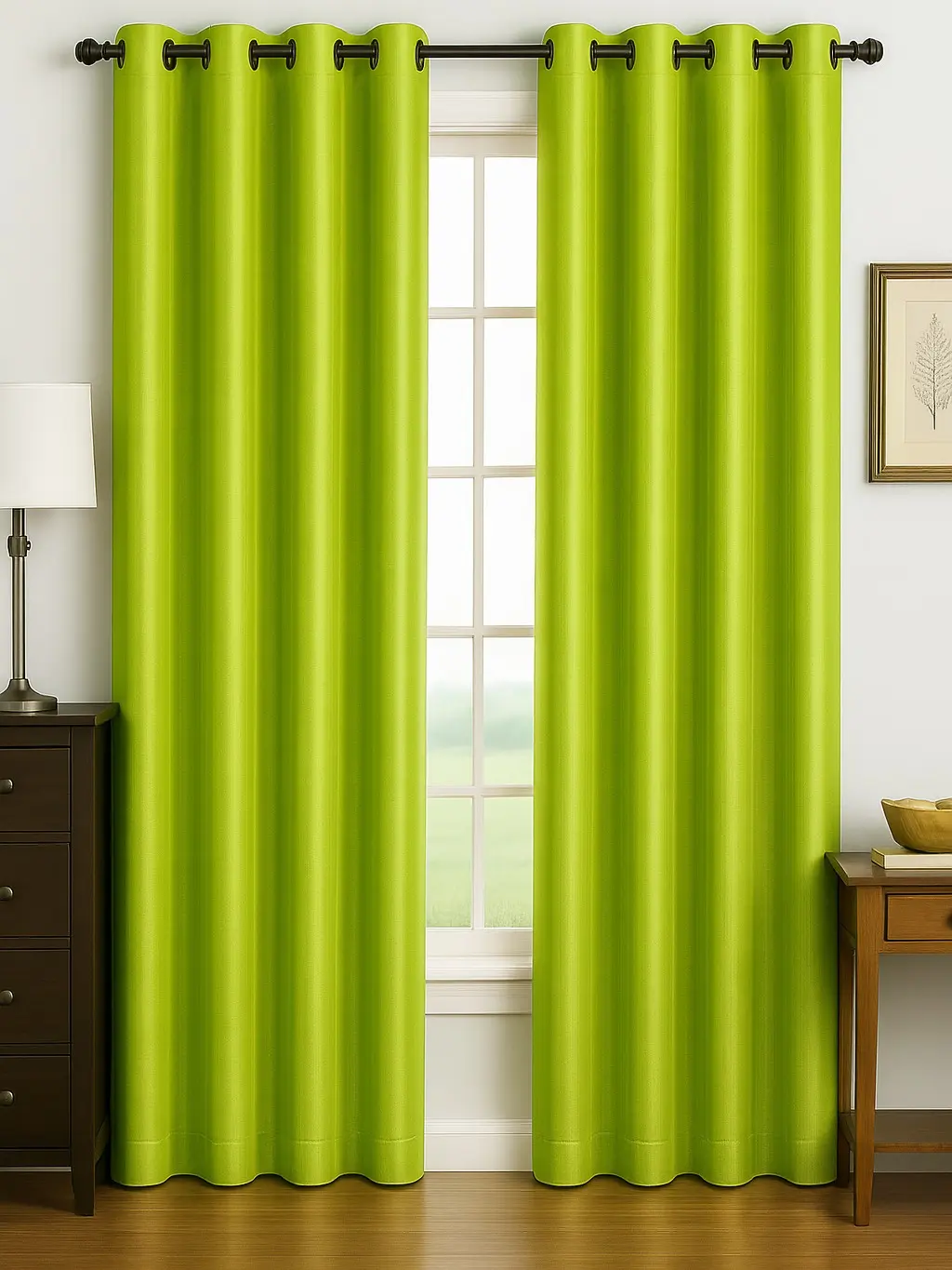 Luxury Glow Faux Silk Curtain Panel – 2 Panel Set, Each 54x84”, 8 Grommets, Elegant  Light Filtering Drapes for Bedrooms Living Rooms -Lime Green