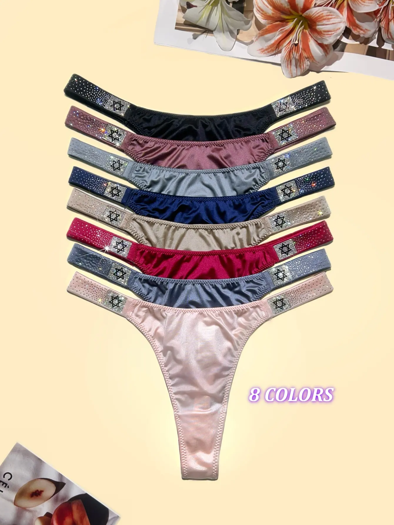 4 packs Thong with Rhinestone Meteor Side Straps – Elegant Satin G-String, Sparkling Bands (8 colours), hexagram & butterfly , soft,Nylon+Spandex+Cotton high quality and fresh underwear，panties, suitable for daily life, sports, and four-season multi-pack