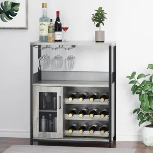 Wine Bar Cabinet - Large Capacity Liquor Cabinet with Storage, Adjustable Shelves for Glassware, Sturdy MDF Construction, Easy Assembly Wine Rack Ideal for Dining Room Bar & Kitchen (Grey)