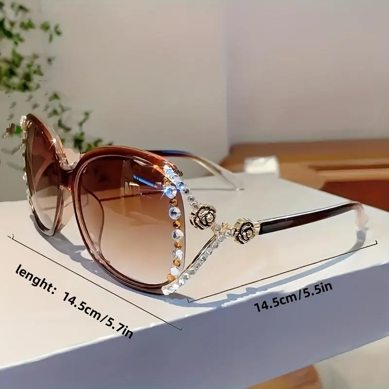 Women's Vintage Eyeglass Frame with Camellia Rhinestone Detail, Stylish Glasses with Anti-Reflective Lenses and Metal Hinges for Daily Wear, Rubber, Statement Frame Glasses, Lensed Glasses