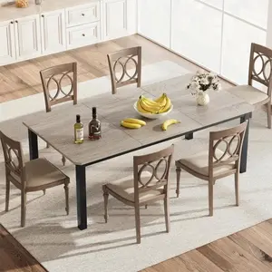 Garvee Large Rectangular Dining Table with Industrial Style, MDF Tabletop, Matte Black Metal Legs, Seats 6-8, Sturdy Ergonomic Design, 200 cm Wooden Table with Solid Metal Frame and Rustic Gray Finish