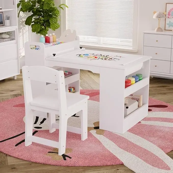 49" Art Table,  Large Craft Table with 2 Chairs, Multi-Functional Art Desk with Storage Shelves for  Playroom,School