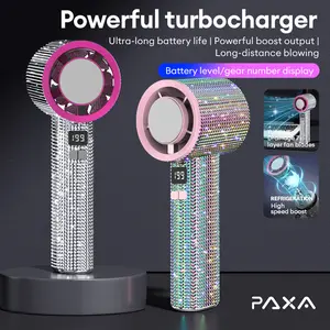 PAXA M15 Full Diamond Luxury Craftsmanship Portable Handheld Turbo Fan, 3 Gear Wind, Rechargeable Long Battery Life Hand Fan With Digital Display For Outdoor Activities, Travel, Office, Wonmen's gift