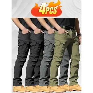 4PCS Comfortable Outdoor Mountaineering Cargo Pants for Men - Solid Color, Drawstring Waist, Casual Style, Breathable Fabric