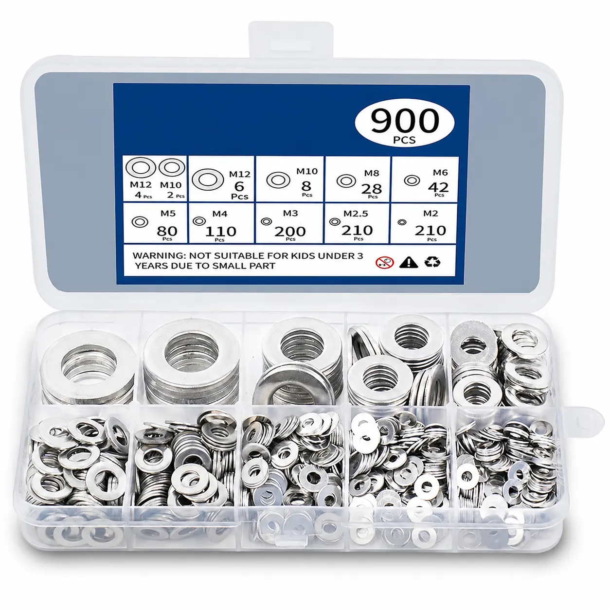 900 Pcs Stainless Steel Flat Washers for Screws, 304 Stainless Steel, Assorted Sizes (M2 M2.5 M3 M4 M5 M6 M8 M10 M12) for Industrial Use, Washers for Bolts