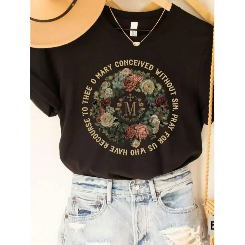 Marian Catholic shirt, religious Catholic Marian shirt, Christian faith clothing, floral religious shirts for women, cross T-shirt, cute summer outfit