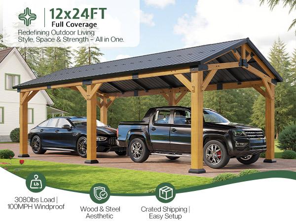 [Spring Sale] AMERLIFE 12'x24' Cedar Wood Hardtop Gazebo with Steel Roof, Waterproof Outdoor Carport Pavilion, Heavy-Duty Snow & Wind Resistant Canopy for Patio, Driveway, Garden
