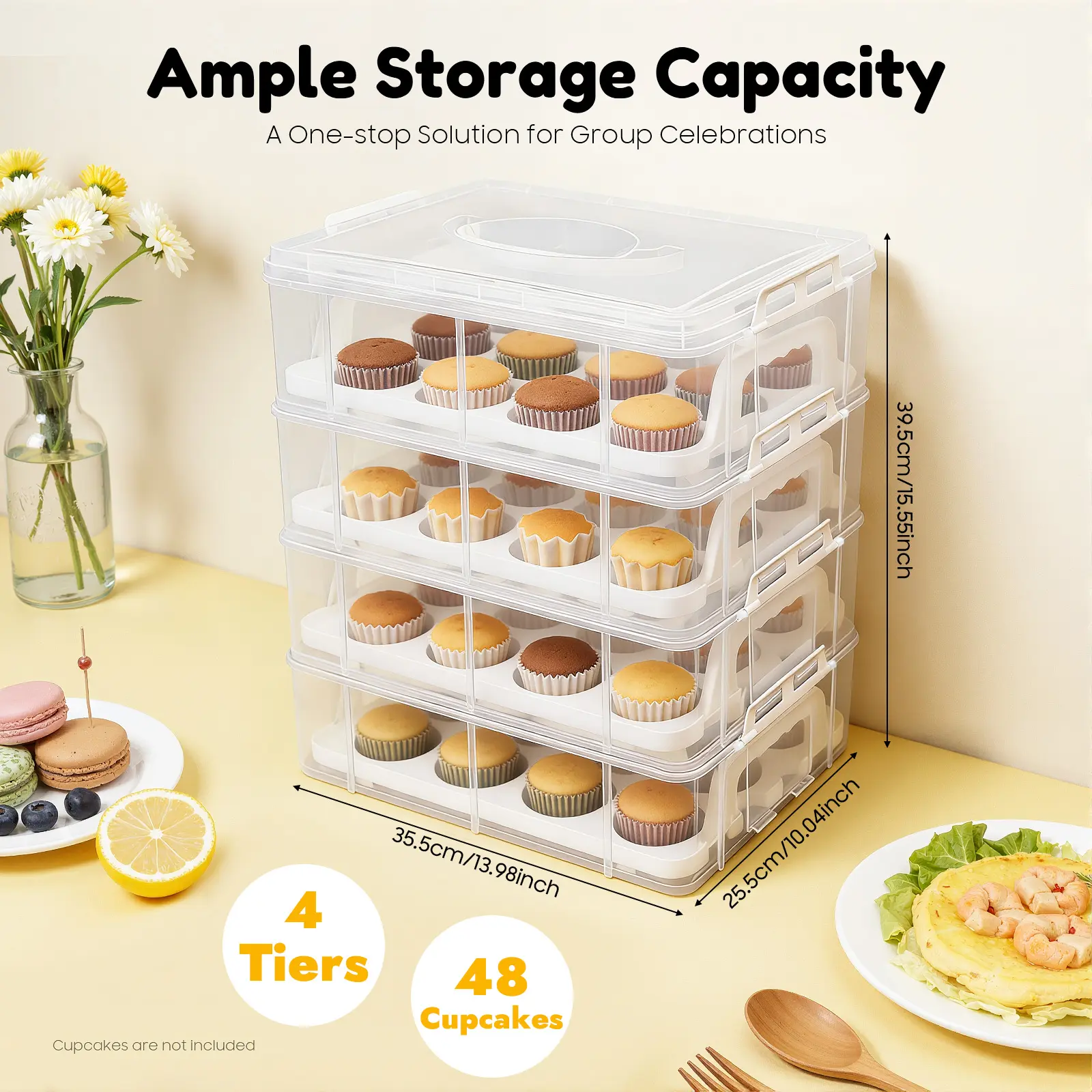 4-Tier 48 Cupcake Carrier - Portable Transparent PP Stackable Cake Storage Box