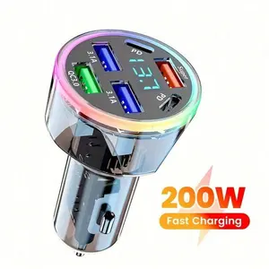 6-Port 200w Fast USB Type-C Car Charger with Voltage Display, Compatible with PD and Qc3.0, Ideal for iPhone and Android Devices, Super Fast Car Charger