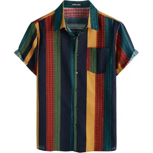Men's Cotton Linen Vintage Pattern Printed Old Style Shirt Casual Short Sleeve Button Down Retro Shirts Top Menswear Wetsuit Tropical Biker