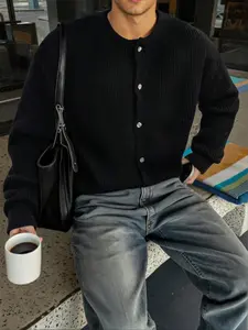 Autumn Winter Striped Knit Cardigan, Casual Loose-Fitting Round Neck Long Sleeve Drop Shoulder, Button Front, Unisex Fashion Outerwear