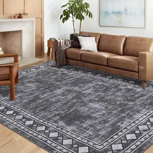 GARVEE Area Rug 9x12 Large Area Rug Modern Bordered Machine Washable Rug for Living Room Farmhouse Geometric Border Carpet Non-Slip Stain Resistant Accent Rug Floor Cover for Bedroom, Grey