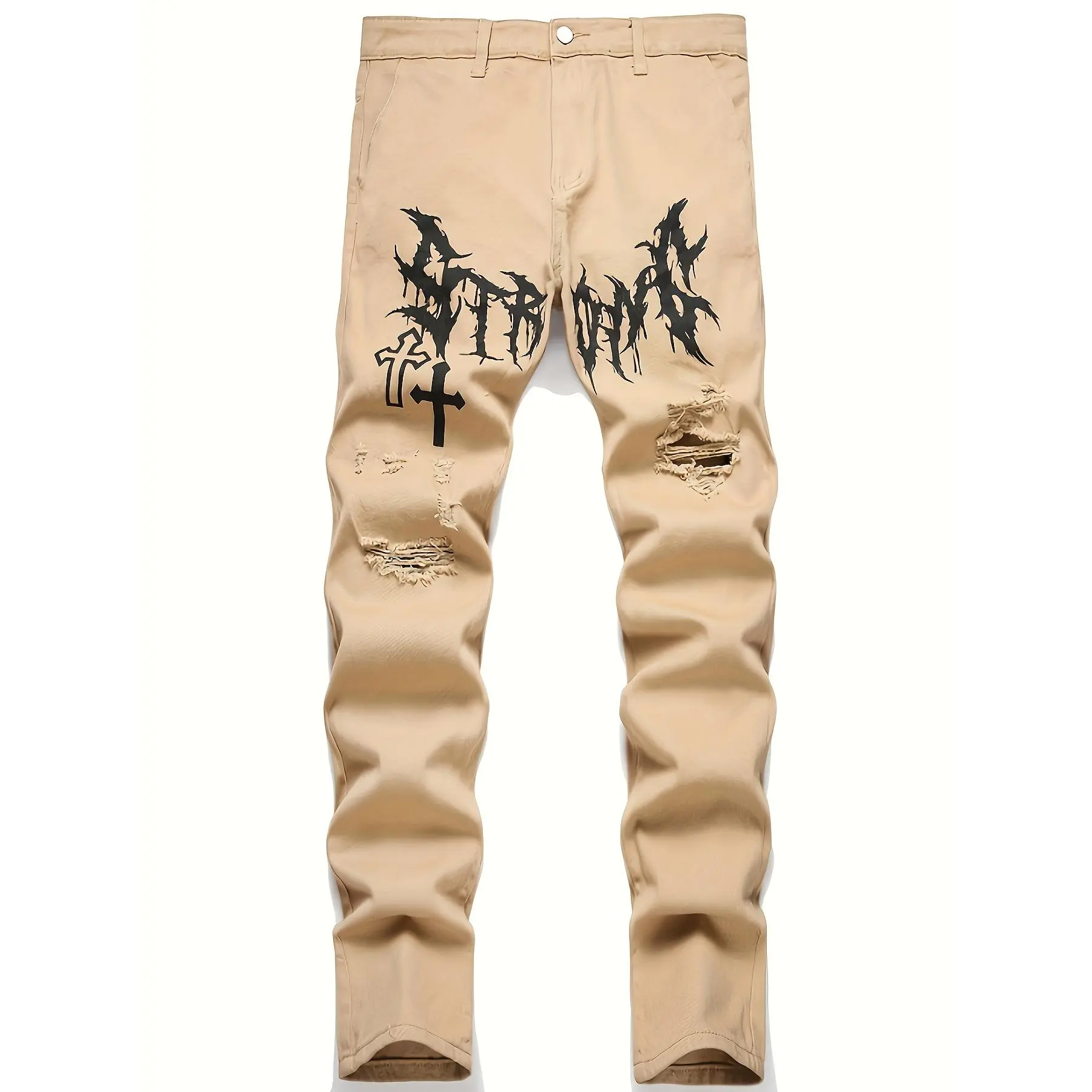 Men's Ripped Printed Denim Trousers - 1 Pair, Menswear, Casual Streetwear Jeans, Streetwear, Multi-Pocket Multi-Function Bottoms